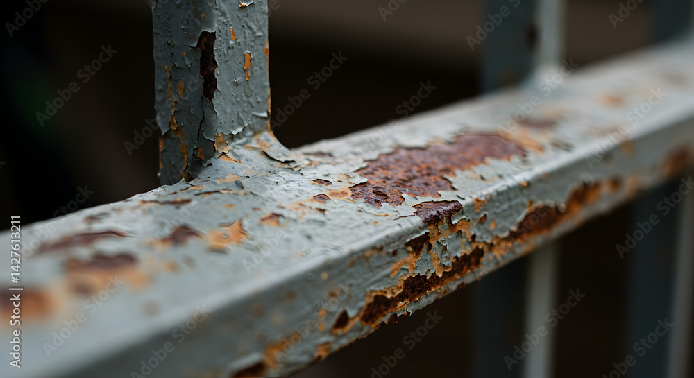 Poster metallic element displays decay and rust in an outdoor urban setting