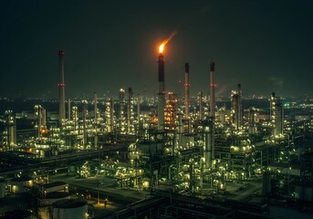 Fototapeta premium Aerial View of Oil Refinery at Night with Bright Lights and Flare