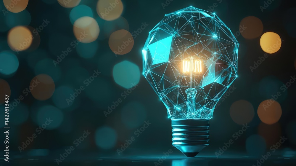 Poster polygon lightbulb with blockchain business idea concept. a glowing light bulb showcasing innovative 