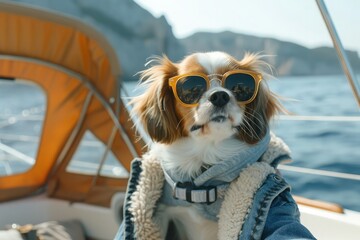 Dog in sunglasses on the beach,A dog with sunglasses resting on the sandy beach during a sunny day
 