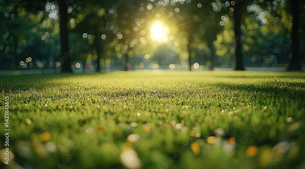 Poster serene view of lush green lawn illuminated by soft sunlight filtering through trees, creating peaceful atmosphere perfect for relaxation and enjoyment