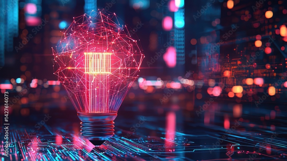 Poster polygon lightbulb with digital bulb illustration concept. a glowing light bulb with a digital networ
