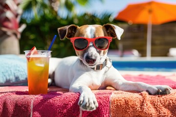 Jack russell terrier dog with sunglasses sunbathing on sun lounger ,A cheerful dog dressed in a Hawaiian shirt and red sunglasses enjoys a sunny day by the pool
