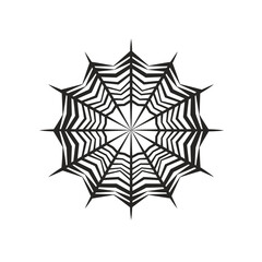 Abstract black and white spiderweb design, radiating lines creating a mandala-like pattern; concept for Halloween, tattoo art, graphic design, and web design