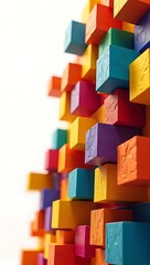 Obraz premium Isometric view of rainbow-colored wooden cubes in a tight, repeating geometric pattern, creating an optical illusion of depth and dimension on a textured background.