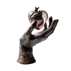 Isolated open hand sculpture cradling a glass heart 