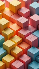 Abstract geometric rainbow colored 3D wooden square cube pattern on a long panoramic wall texture, perfect for vibrant wallpaper, modern interior art, or creative banner design