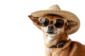 dog wearing a hat and sunglasses on a white background with copy space ,Happy Dog in Sunglasses and Hat on Transparent Background