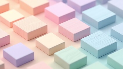 Fototapeta premium Seamless abstract 3D wooden blocks in soft pastel rainbow shades forming a geometric square pattern for texture-rich wallpaper or digital backgrounds.