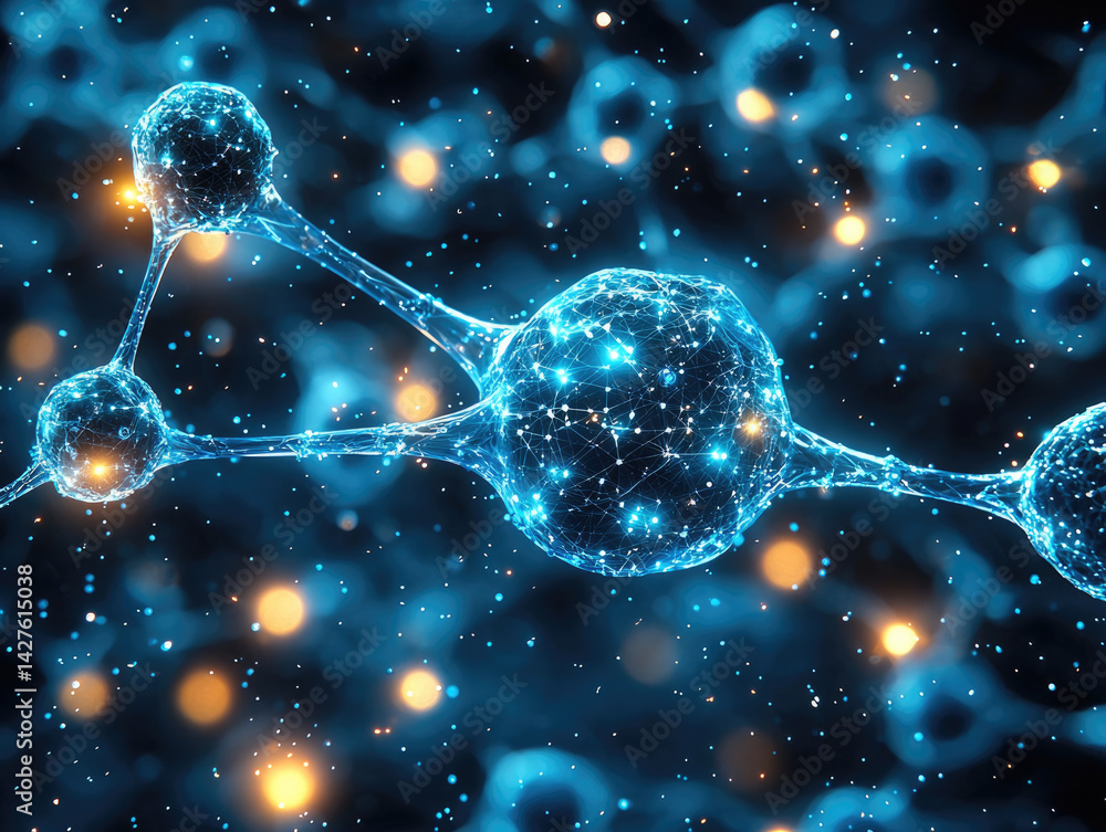 Poster stunning 3D rendering of molecular structures, showcasing interconnected atoms with glowing blue and white lights against dark background, creating sense of depth and wonder
