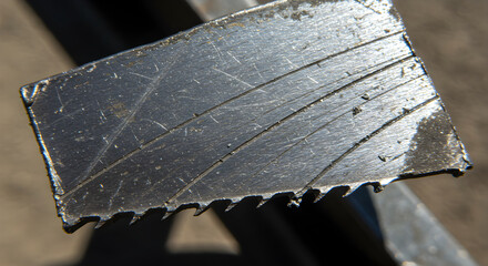 Worn Metal Blade With Scratches Reflects Industrial Grit In Close Up Shot