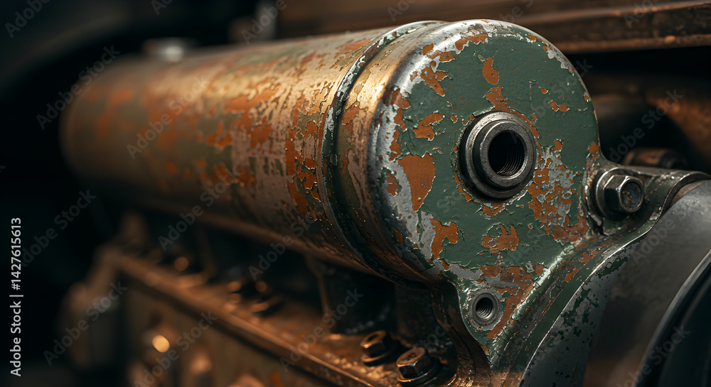 Poster close up of an old rusty and worn industrial machine part