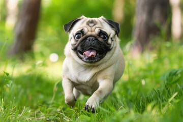 Cute pug dog sitting on the grass in the garden, Pug on the green grass in the garden, spring time ,Cute brown Pug playing alone in garden
