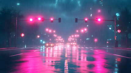 Rainy Night Cityscape: Neon Lights Reflect