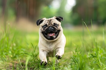 Cute pug dog sitting on the grass in the garden, Pug on the green grass in the garden, spring time ,Cute brown Pug playing alone in garden

