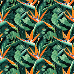 Strelitzia flower seamless pattern, vibrant colors, tropical leaves, design concept