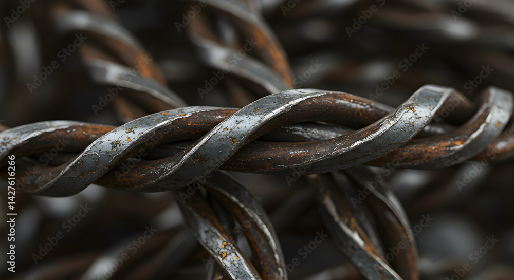 Poster close up of twisted metallic cables showing texture and surface rust
