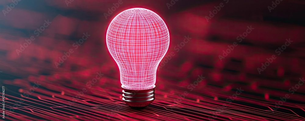 Poster polygon lightbulb with blockchain business idea concept. a glowing red light bulb featuring a modern