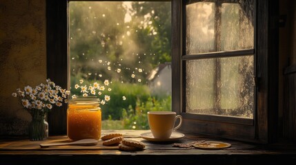 Rustic window seat with tea, jam, and flowers on a sunny day.