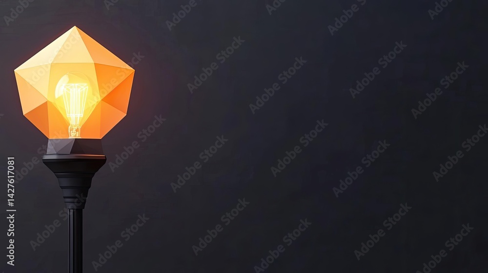 Poster polygon lightbulb with blockchain business idea concept. a modern geometric lamp glowing in a dark b