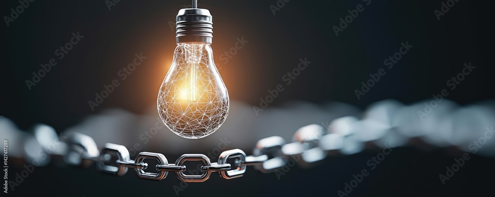 Poster polygon lightbulb with blockchain business idea concept. a glowing light bulb suspended by a chain, 
