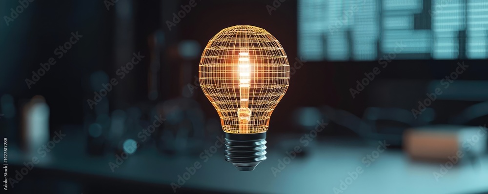 Poster polygon lightbulb with blockchain business idea concept. stylish light bulb glowing in a modern work