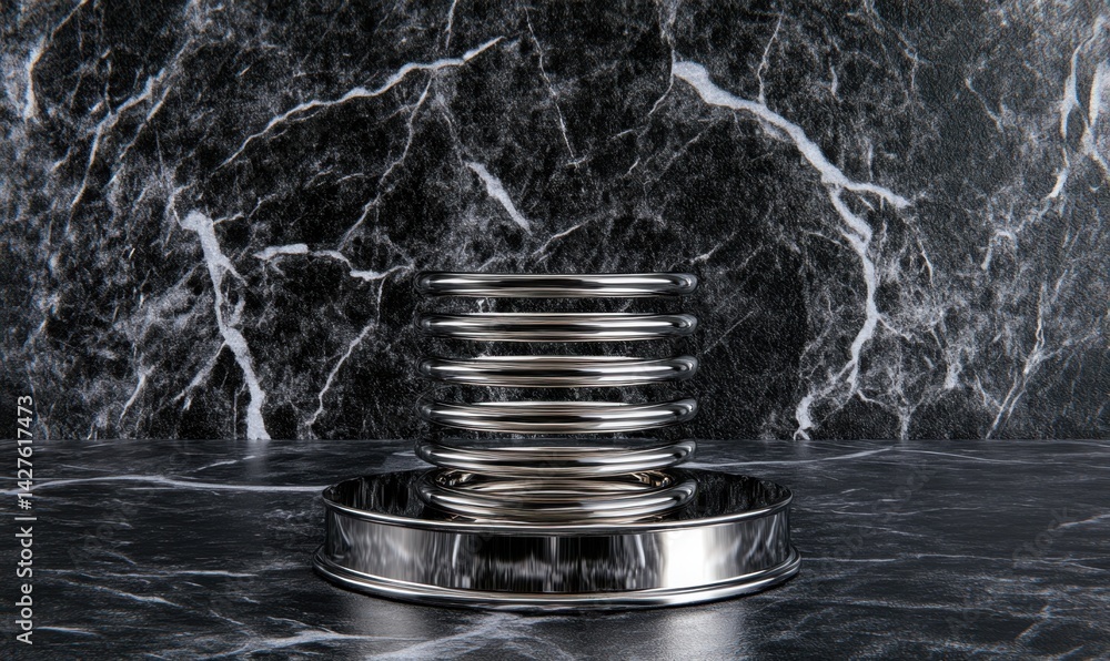 Poster chrome spring on marble platform, dark background; product display