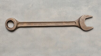 A rusty wrench lays flat against a textured gray background, showcasing its worn condition and practical design.