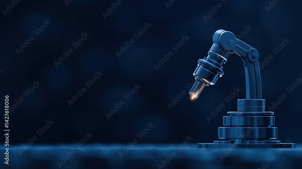 Poster a robotic arm with a precision tool illuminates in a dark setting, showcasing advanced technology an