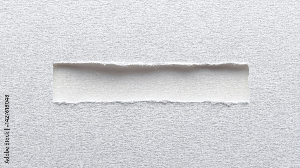 Poster a close-up view of a torn piece of paper with a textured white background, creating a minimalist and