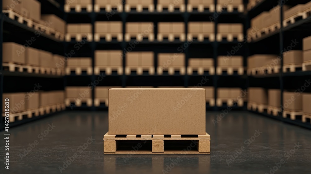 Poster a focused image of a single pallet with a box in a warehouse, surrounded by rows of neatly stacked b