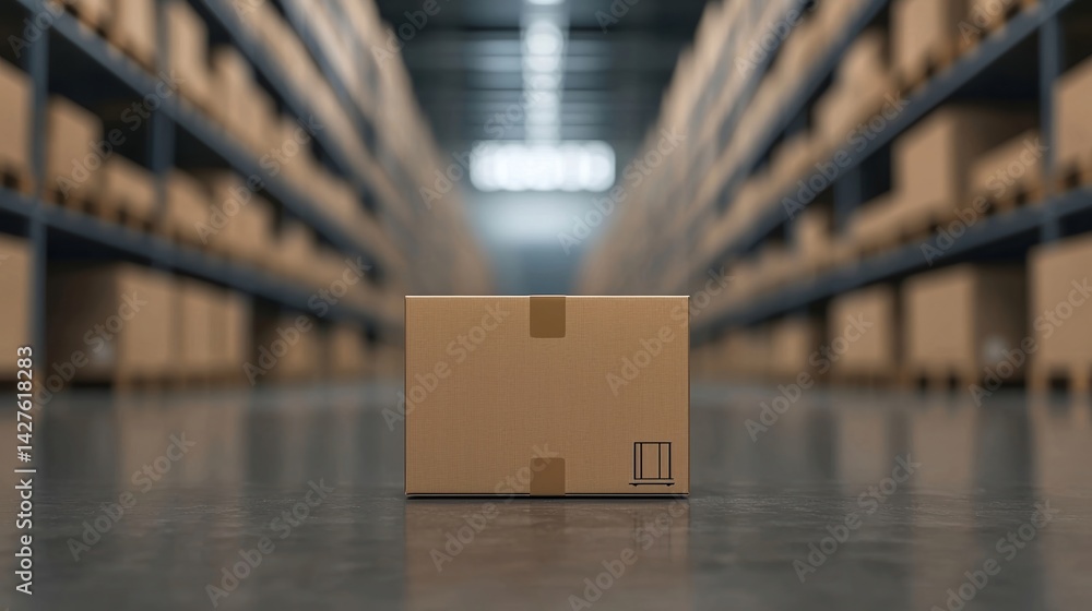 Poster a solitary cardboard box sits in a vast warehouse aisle, surrounded by shelves stacked with neatly o