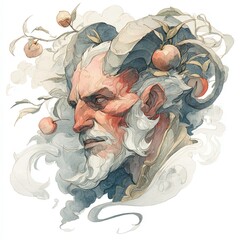 Portrait of a mythical figure with horns and fruits against a swirling dreamlike background
