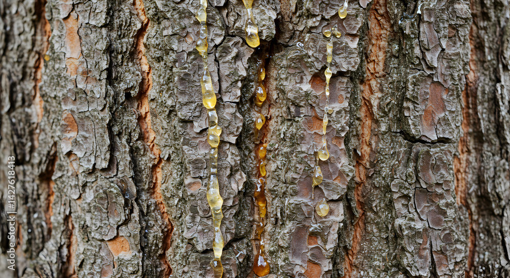 Poster close up view of tree resin and bark surface texture with details