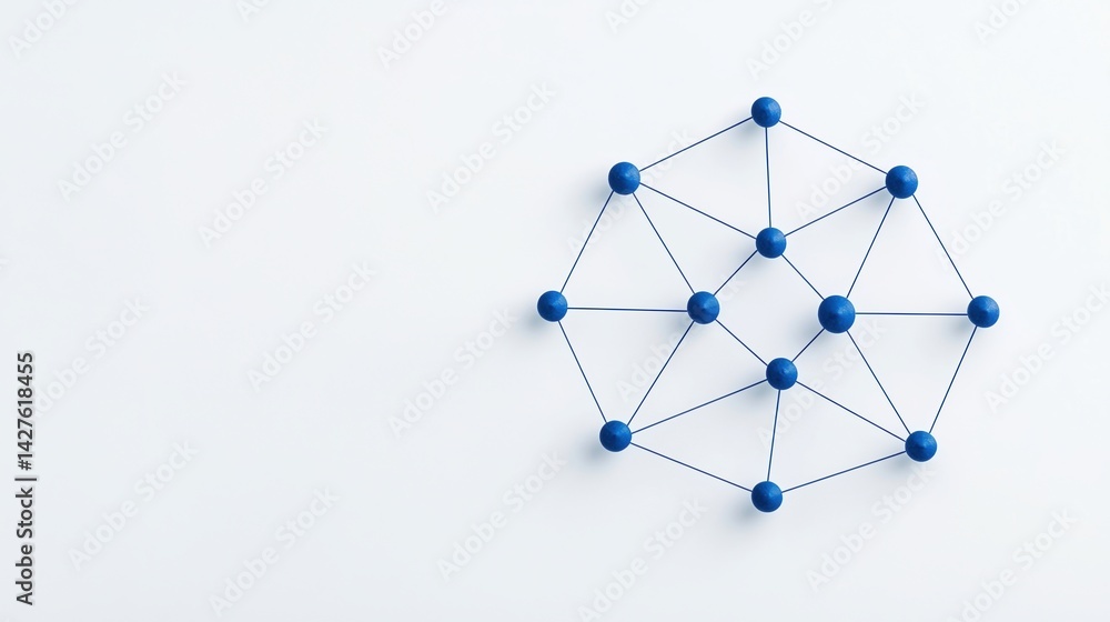 Poster a geometric arrangement of blue nodes connected by lines on a white background, representing a netwo