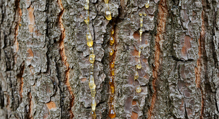 Close Up View Of Tree Resin And Bark Surface Texture With Details