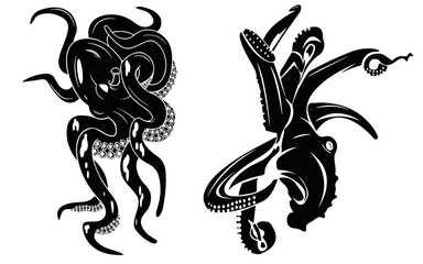 Black Silhouette Octopus Vector PNG – Sea Creature Illustration for Nautical, Marine, and Ocean-Themed Designs