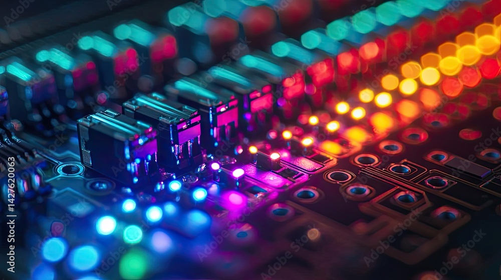 Poster lights of glowing fiber optic cables with soft network connection concept. close-up of a vibrant cir