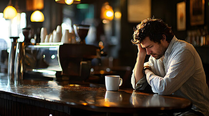 A man sits at a bar with a cup of coffee in front of him. Generated using AI.