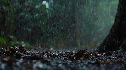 Close-up of heavy rain hitting the ground surface with blurred background, capturing the intensity and motion of raindrops during a downpour in a moody and atmospheric scene.