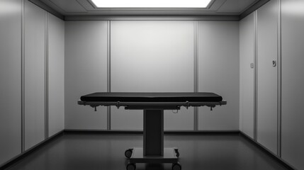 An empty dark table in the foreground, background presents a professional hospital setting with an IV stand and white walls, no people 