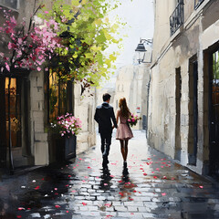 A man and a woman are walking down a street. Generated using AI.