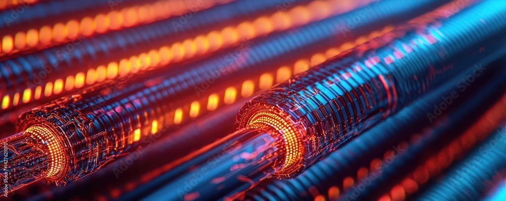 Poster lights of glowing fiber optic cables with soft network connection concept. futuristic abstract techn