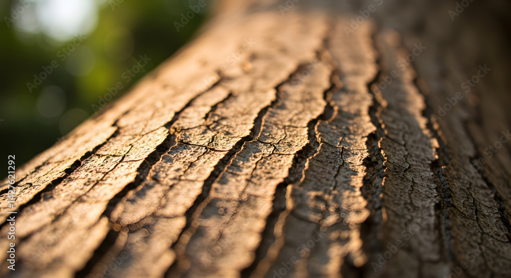 Poster sunlight glints on the striated surface of tree trunk with blur background