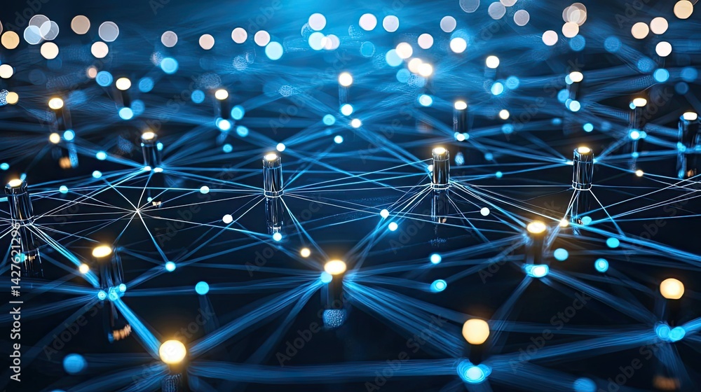 Poster lights of glowing fiber optic cables with soft network connection concept. abstract futuristic netwo