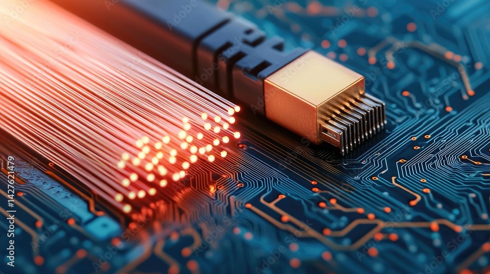 Poster lights of glowing fiber optic cables with soft network connection concept. close-up of fiber optic c
