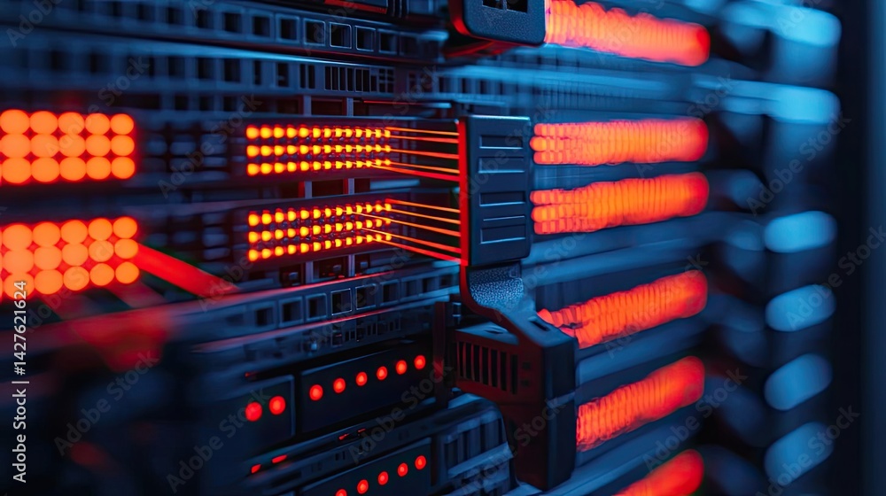 Poster lights of glowing fiber optic cables with soft network connection concept. close-up view of a server