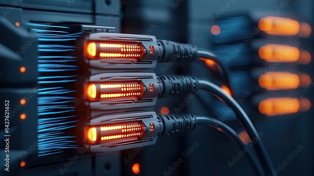 Aufkleber lights of glowing fiber optic cables in soft macro focusing concept. close-up of cables in a high-te