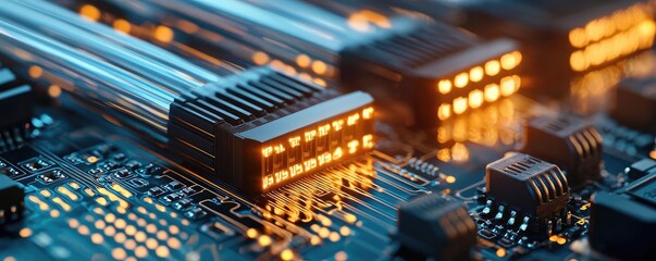Lights of glowing fiber optic cables in soft macro focusing concept. Close-up view of illuminated circuit board with connected cables.