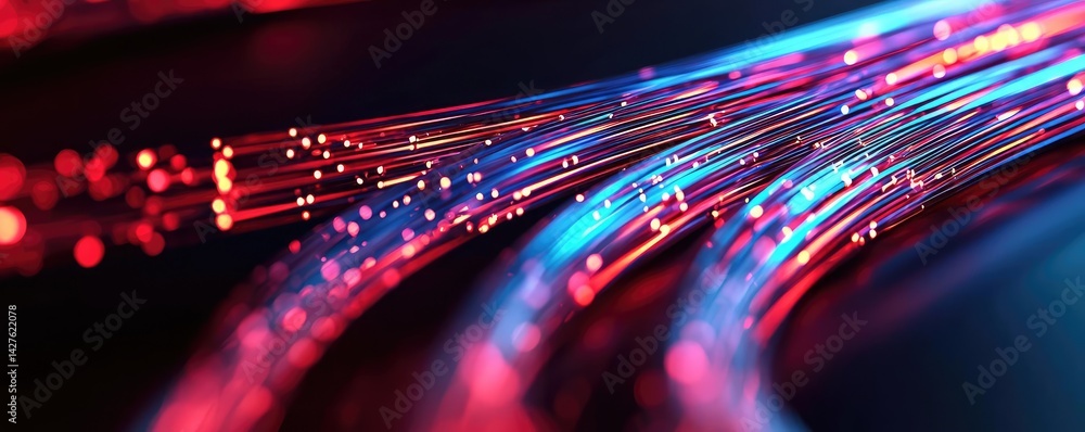 Poster lights of glowing fiber optic cables in soft macro focusing concept. vibrant fiber optic lights in d